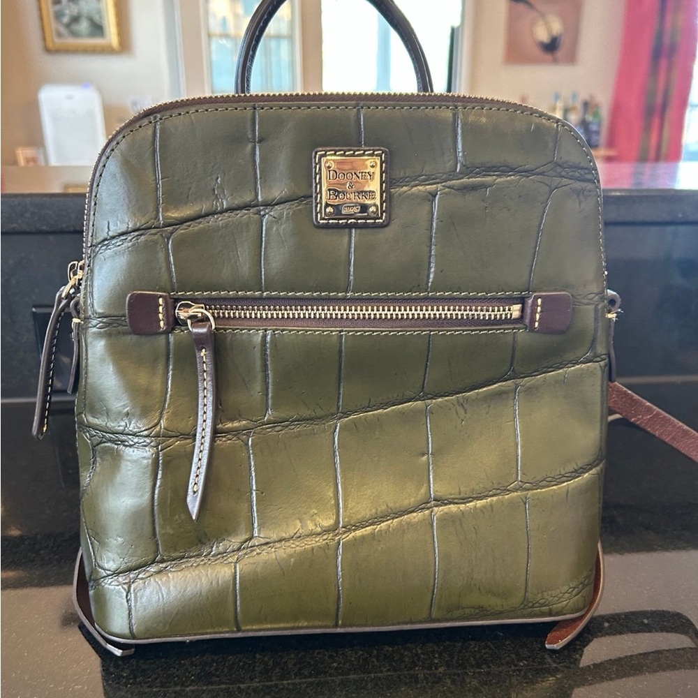Dooney & Bourke Olive Green Croc Embossed Backpack in EUC